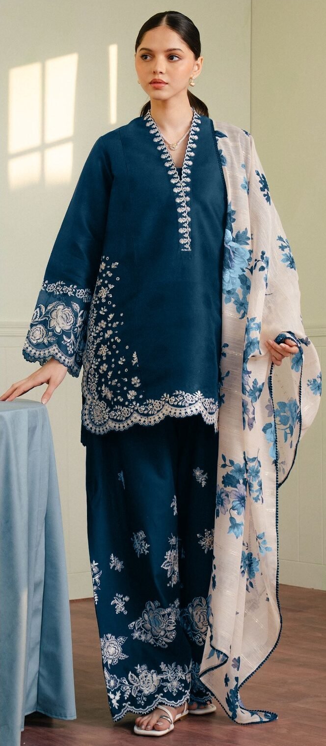 Lawn Embroidered 3 Piece Suit with Digital Monark Dupatta