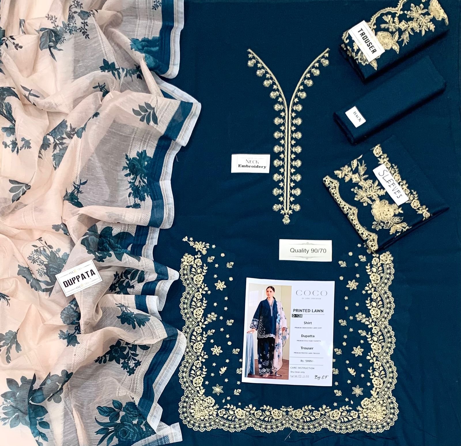 Lawn Embroidered 3 Piece Suit with Digital Monark Dupatta - Image 2
