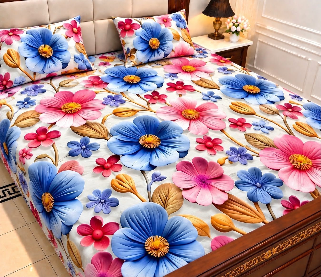 9D Digital Print Micro Cotton King Size Bedsheet Set – 3 Piece