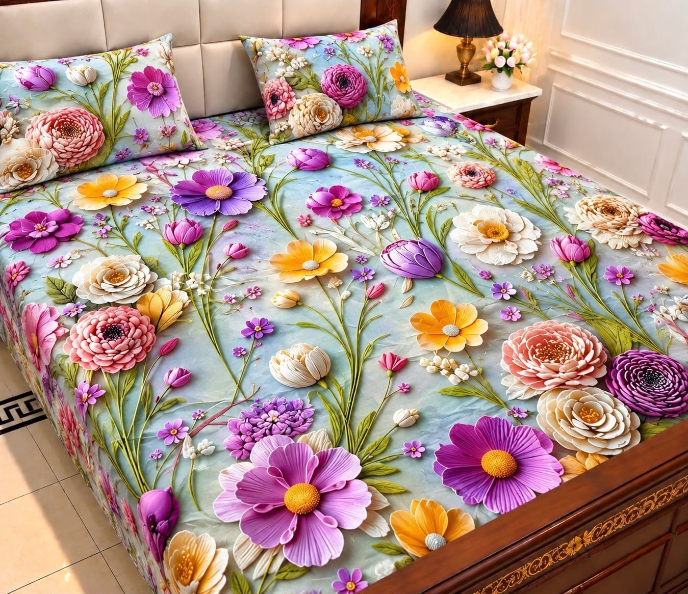 9D Digital Print Micro Cotton King Size Bedsheet Set – 3 Piece