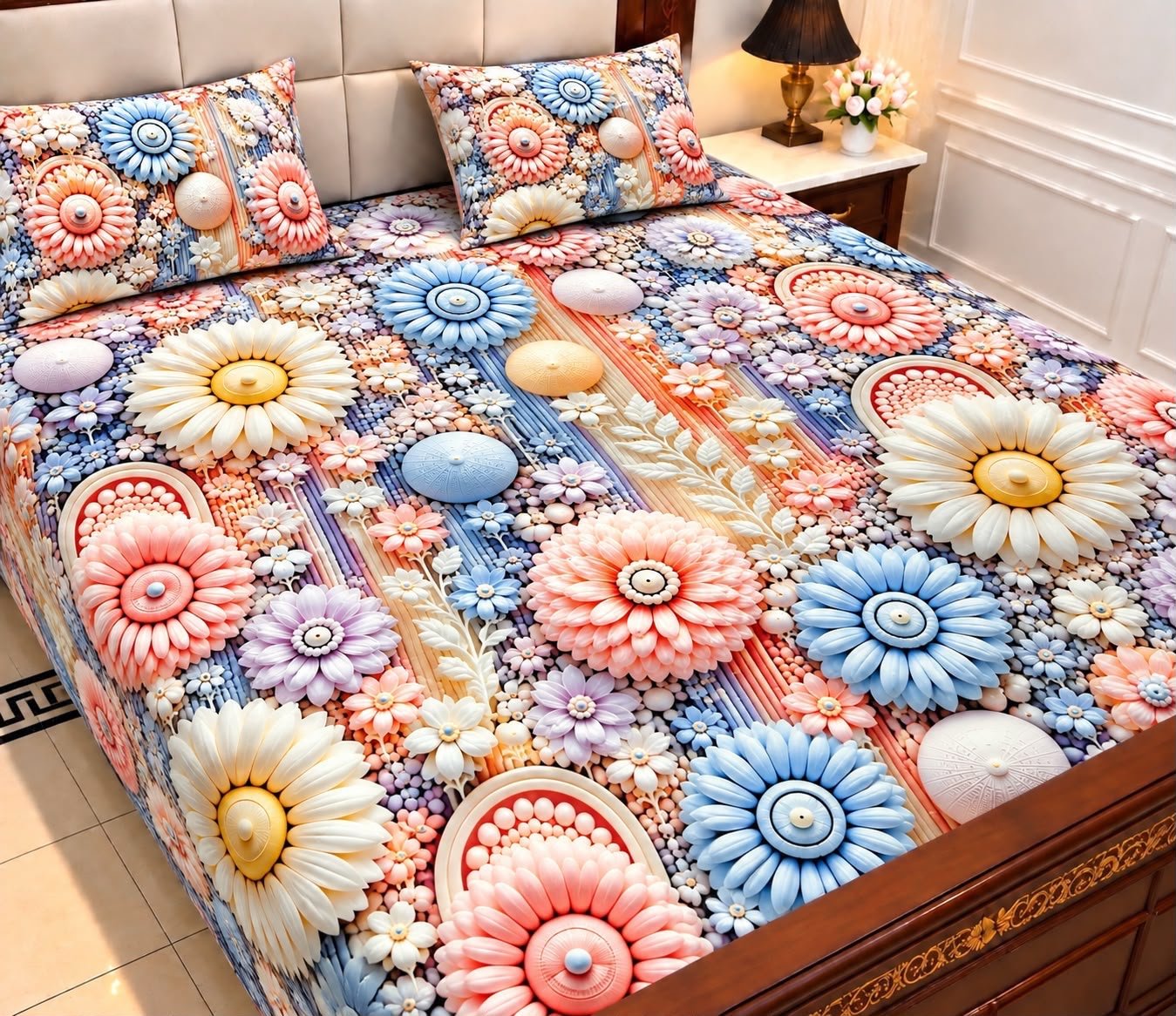 9D Digital Print Micro Cotton King Size Bedsheet Set – 3 Piece