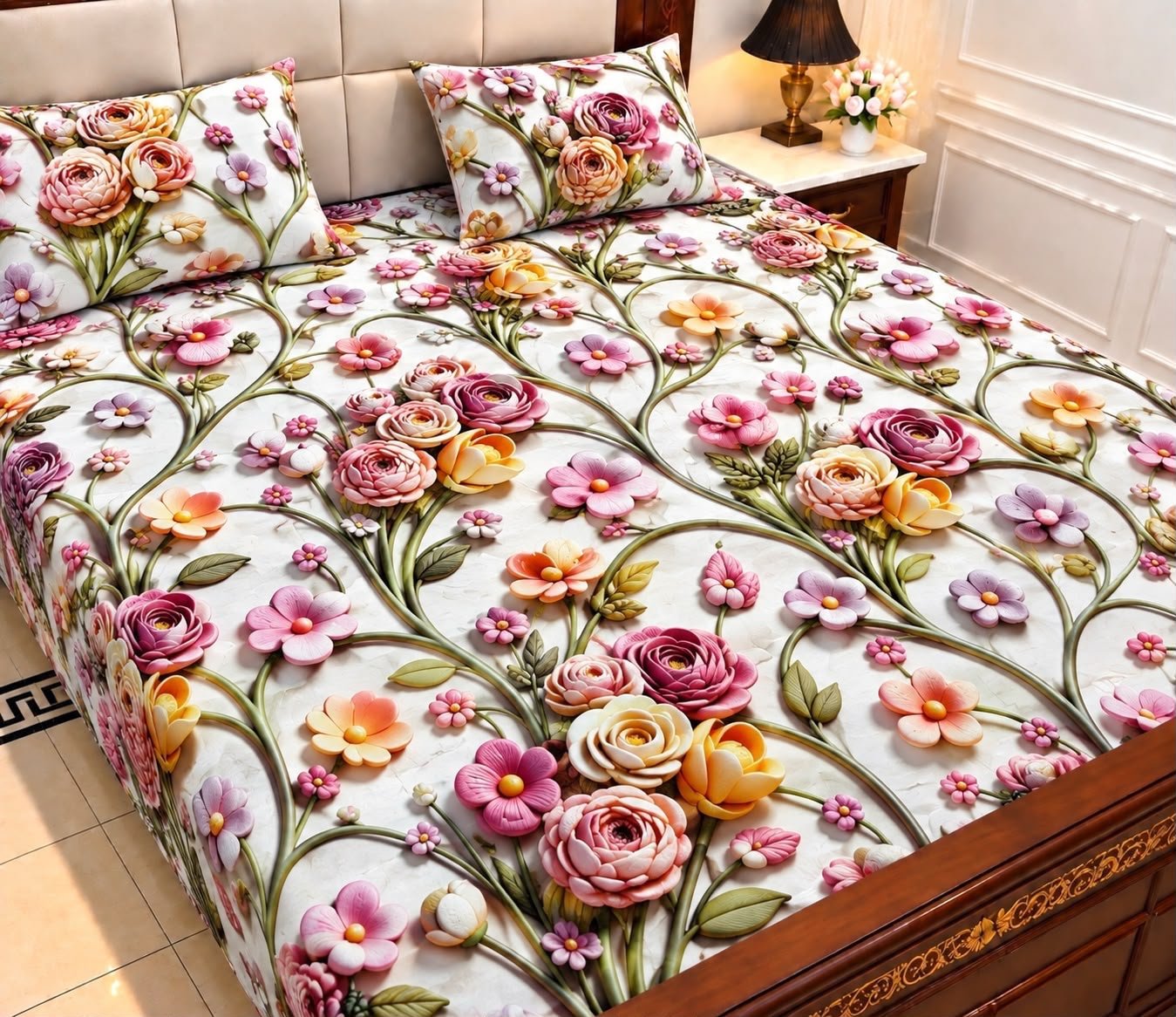 9D Digital Print Micro Cotton King Size Bedsheet Set – 3 Piece