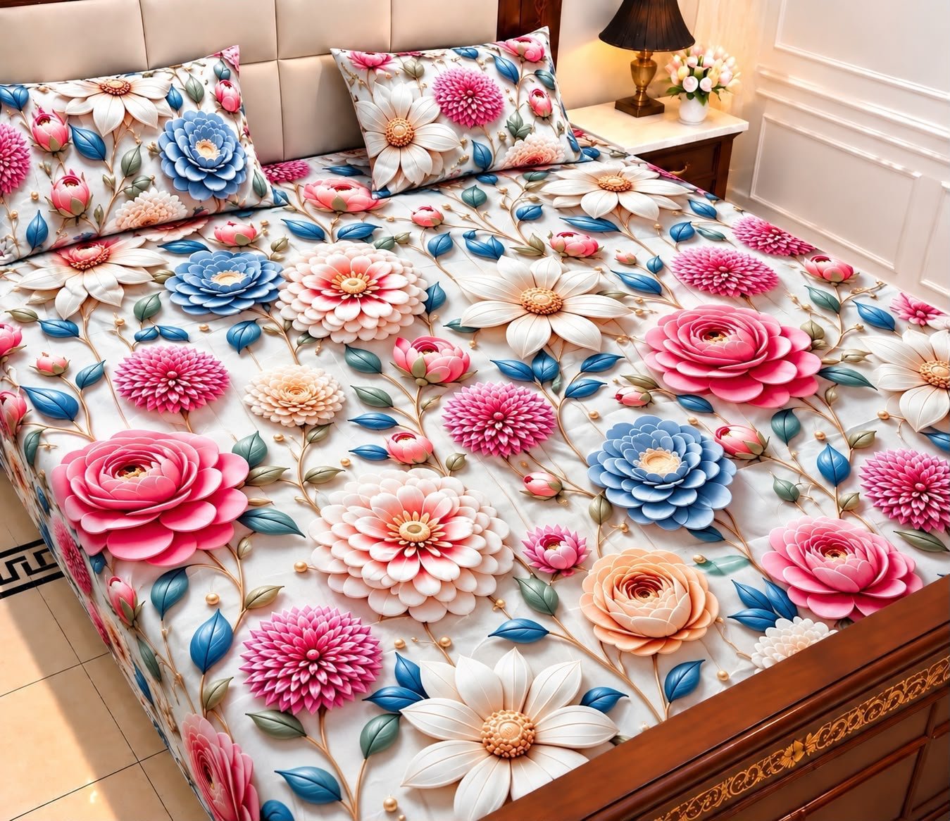 9D Digital Print Micro Cotton King Size Bedsheet Set – 3 Piece