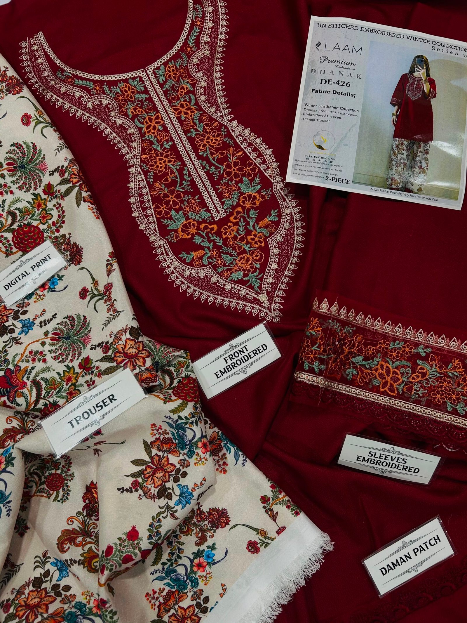 Laam Embroidered Dhanak 2 Piece - Image 2
